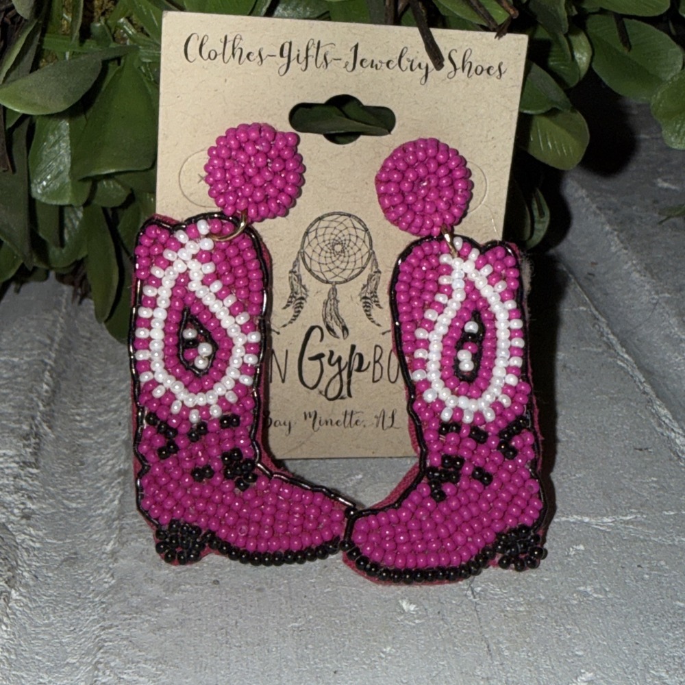 Pink Beaded‎ Cowboy Boot Earrings NEW Pierced 2" Felt Back